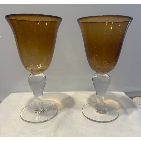 Artland Iris Amber Brown Gold Water Wine Goblet Glasses Hand Crafted 8” Set of 2 - Picture 1 of 8